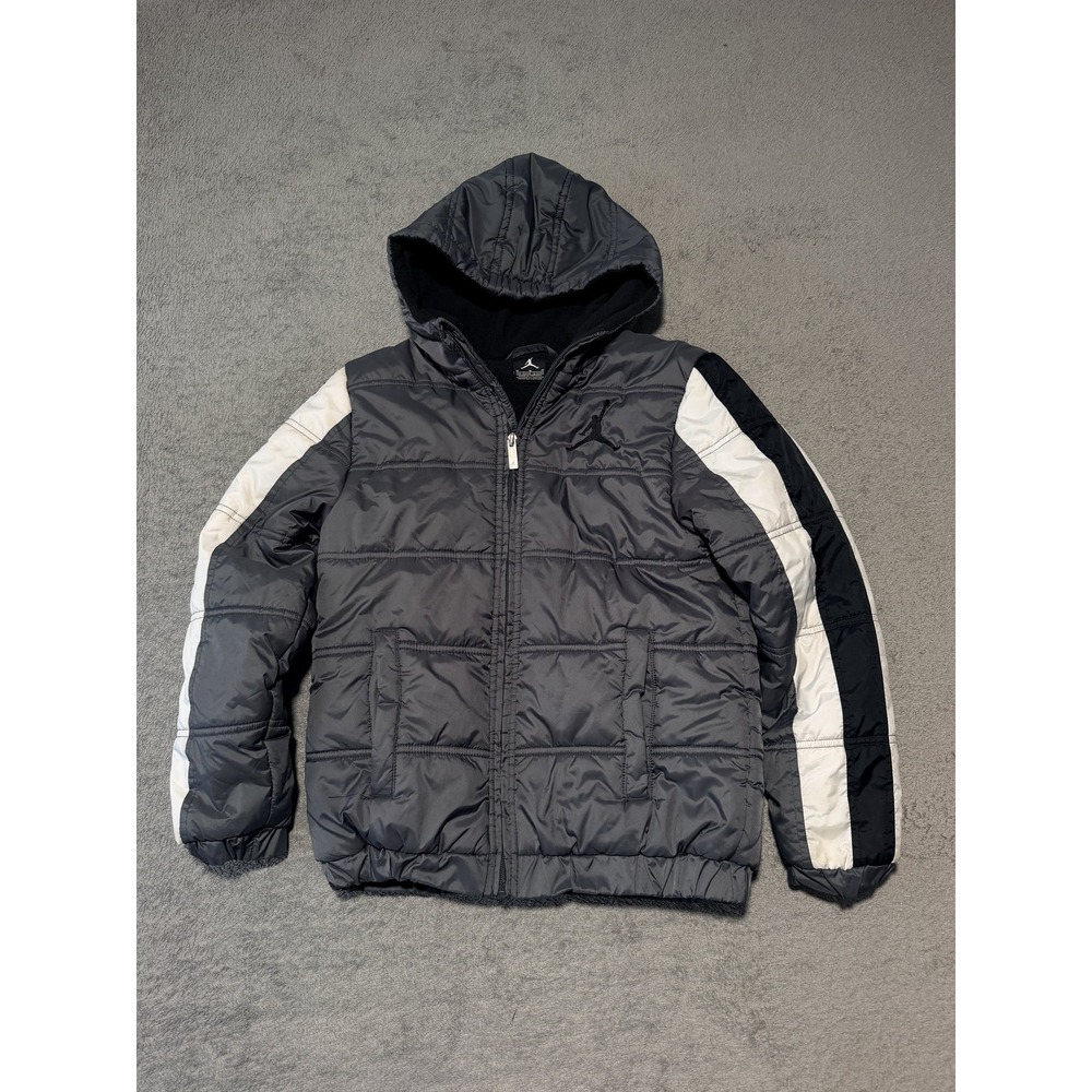 Jordan Jacket Kids 11-12 Gray Hooded Puffer Fleece Lined Colorblock Jumpman Logo